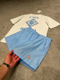 Summer Set – White Tee & Sky Blue Monogram Shorts